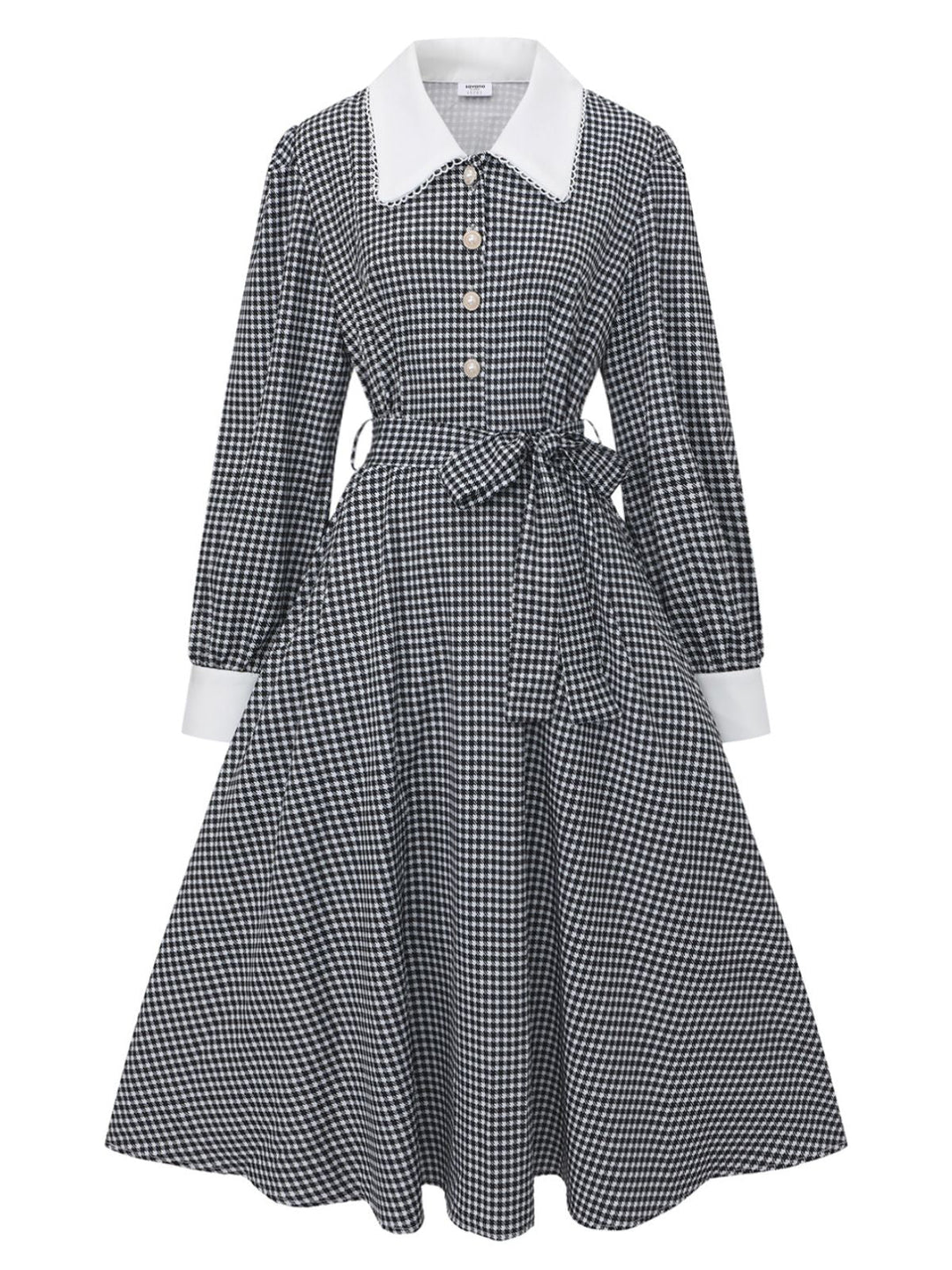 Black 1940s Houndstooth Puff-Sleeves Pearl Button Dress - vintage dress, retro fashion, classic black