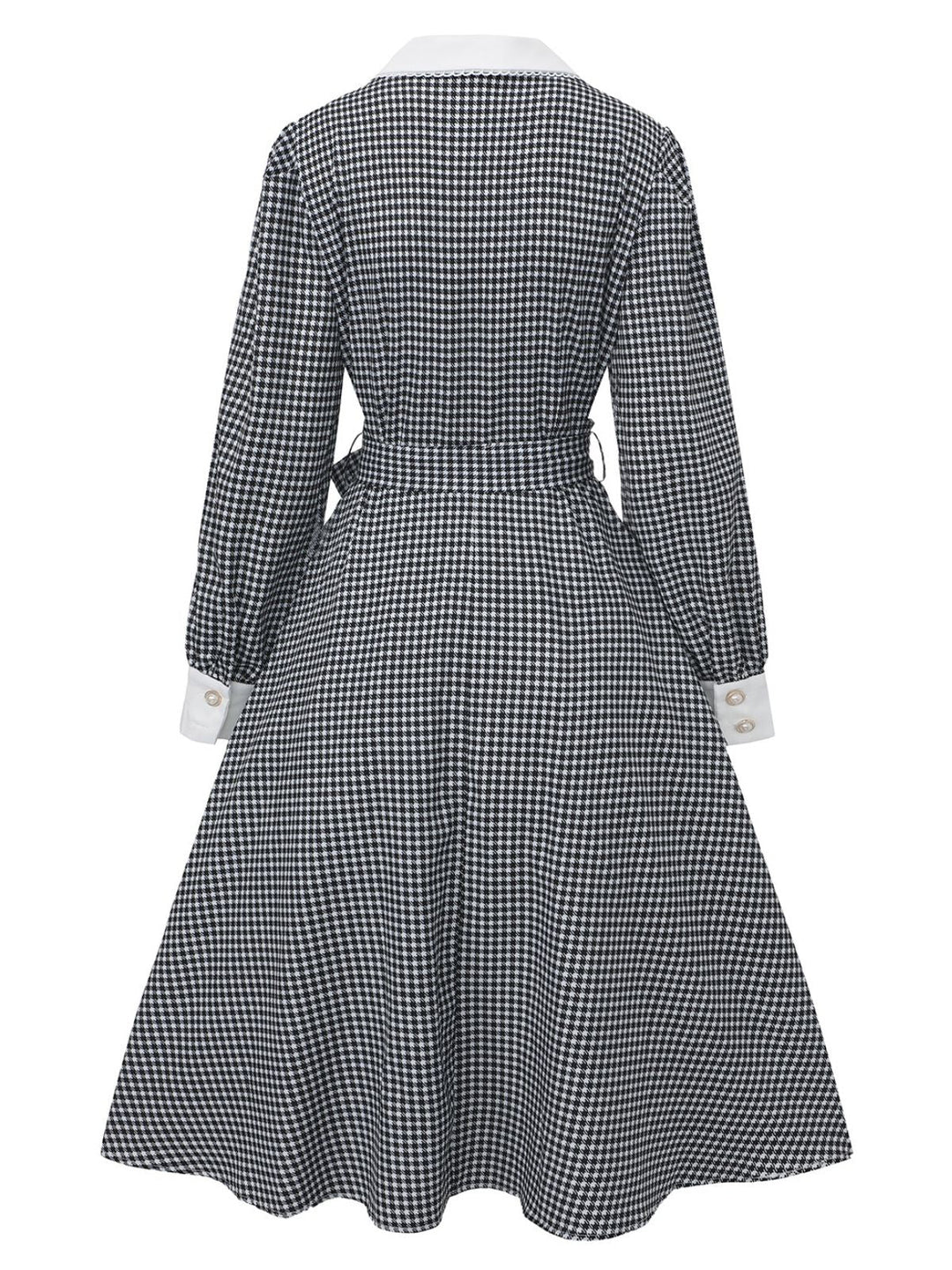 Black 1940s Houndstooth Puff-Sleeves Pearl Button Dress - vintage dress, retro fashion, classic black