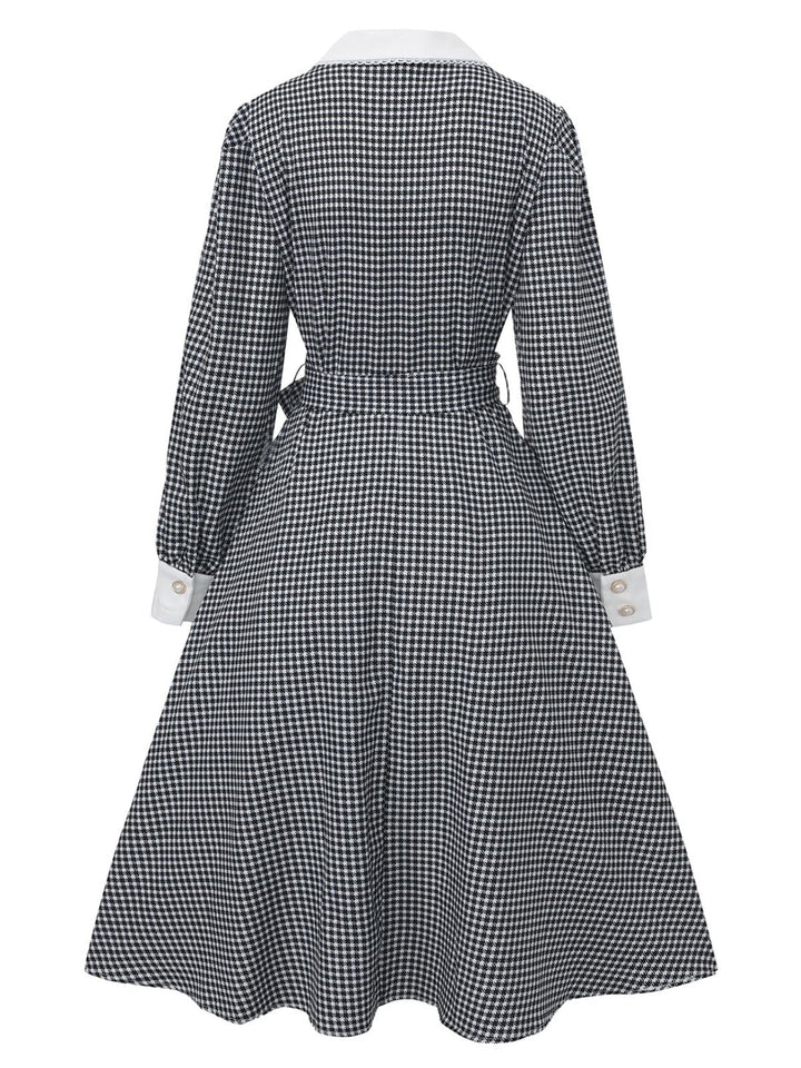 Black 1940s Houndstooth Puff-Sleeves Pearl Button Dress - vintage dress, retro fashion, classic black
