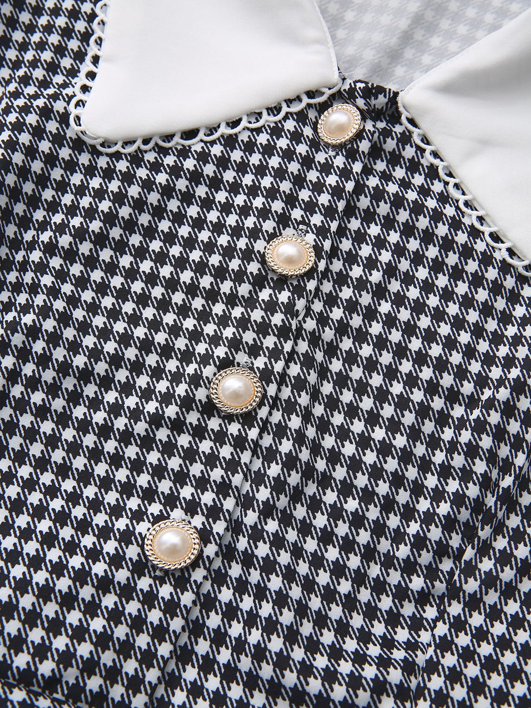 Black 1940s Houndstooth Puff-Sleeves Pearl Button Dress - vintage dress, retro fashion, classic black