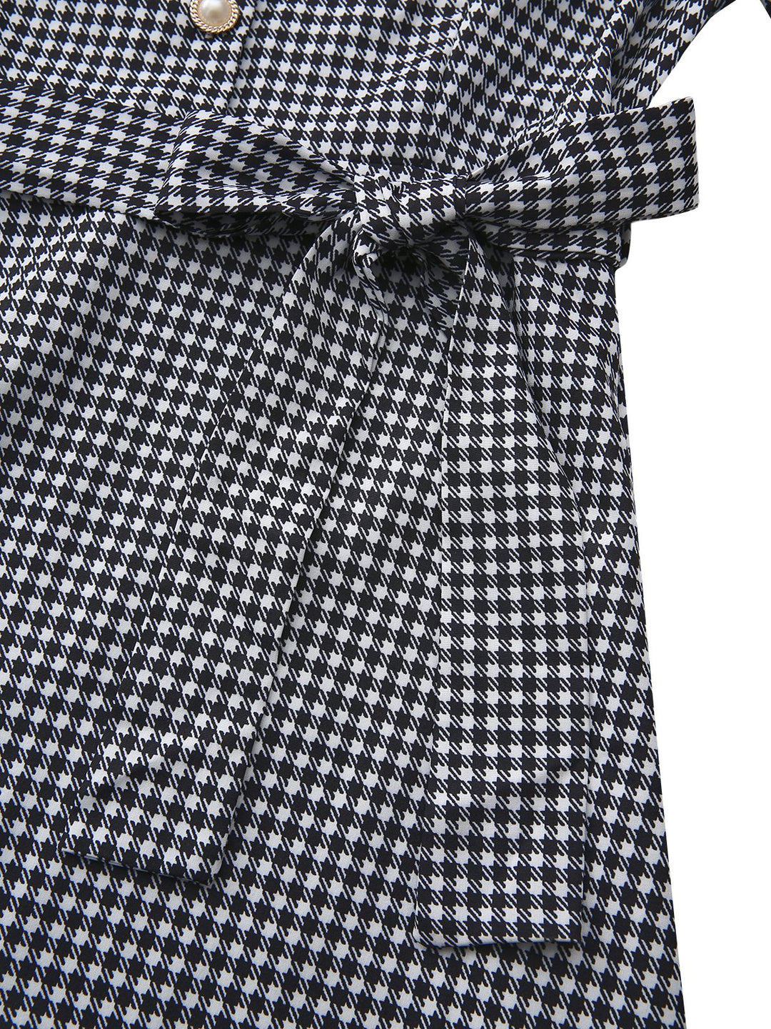 Black 1940s Houndstooth Puff-Sleeves Pearl Button Dress - vintage dress, retro fashion, classic black