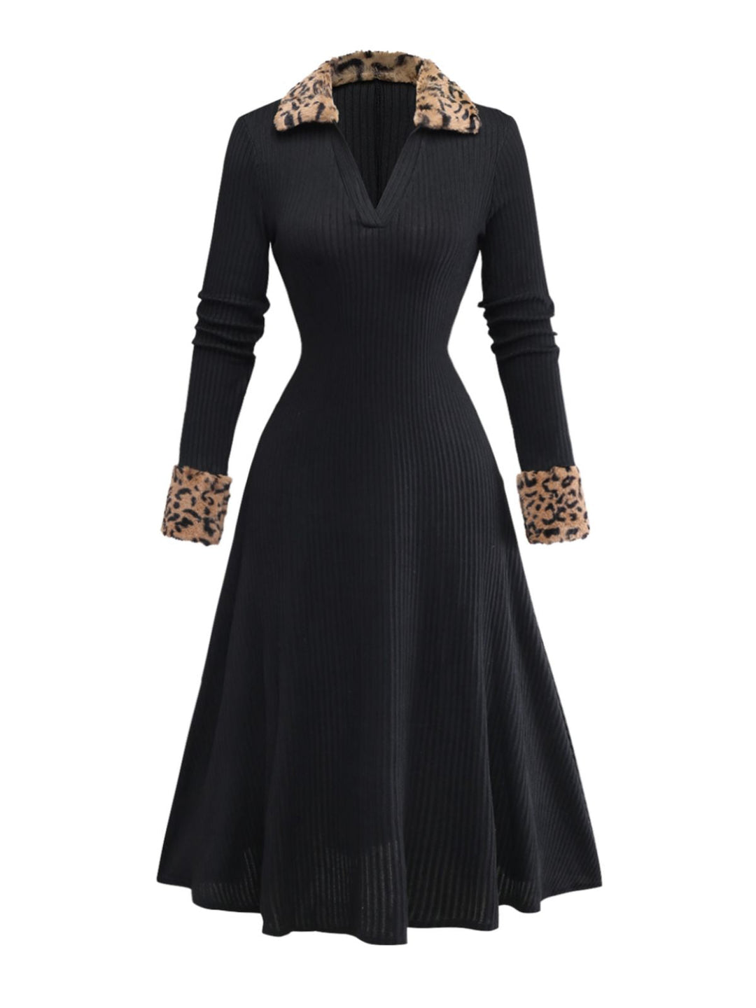 Black 1940s Leopard Faux Fur Trim Ribbed Knit Dress - vintage dress, retro fashion, classic black