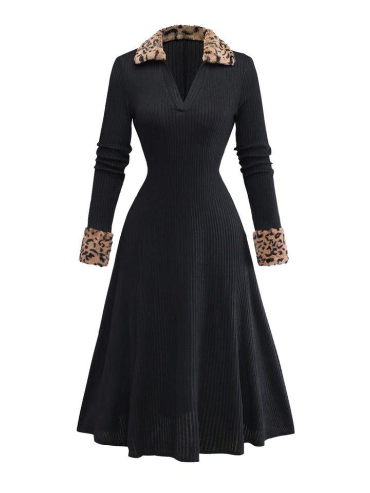 Black 1940s Leopard Faux Fur Trim Ribbed Knit Dress - vintage dress, retro fashion, classic black