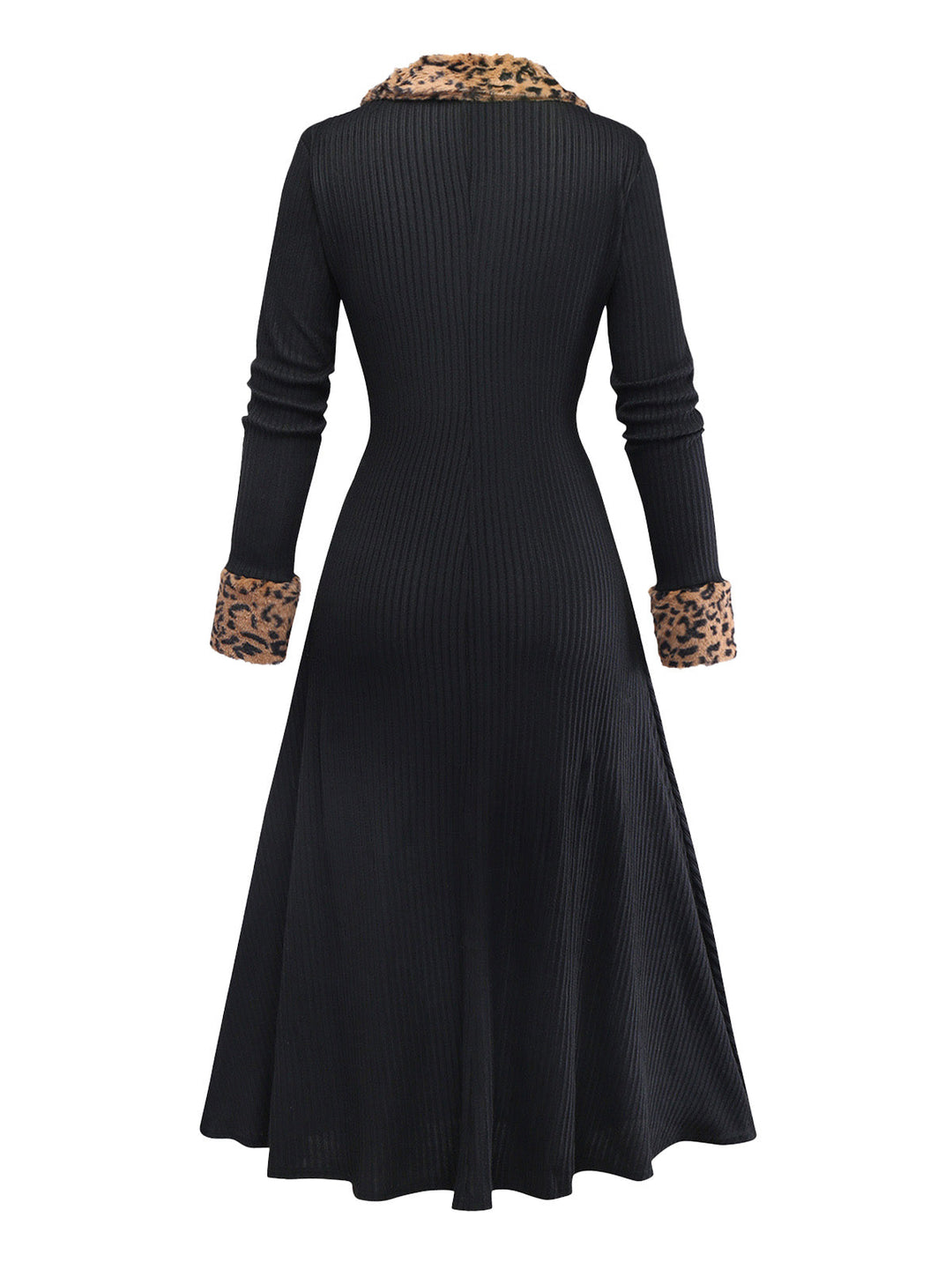 Black 1940s Leopard Faux Fur Trim Ribbed Knit Dress - vintage dress, retro fashion, classic black
