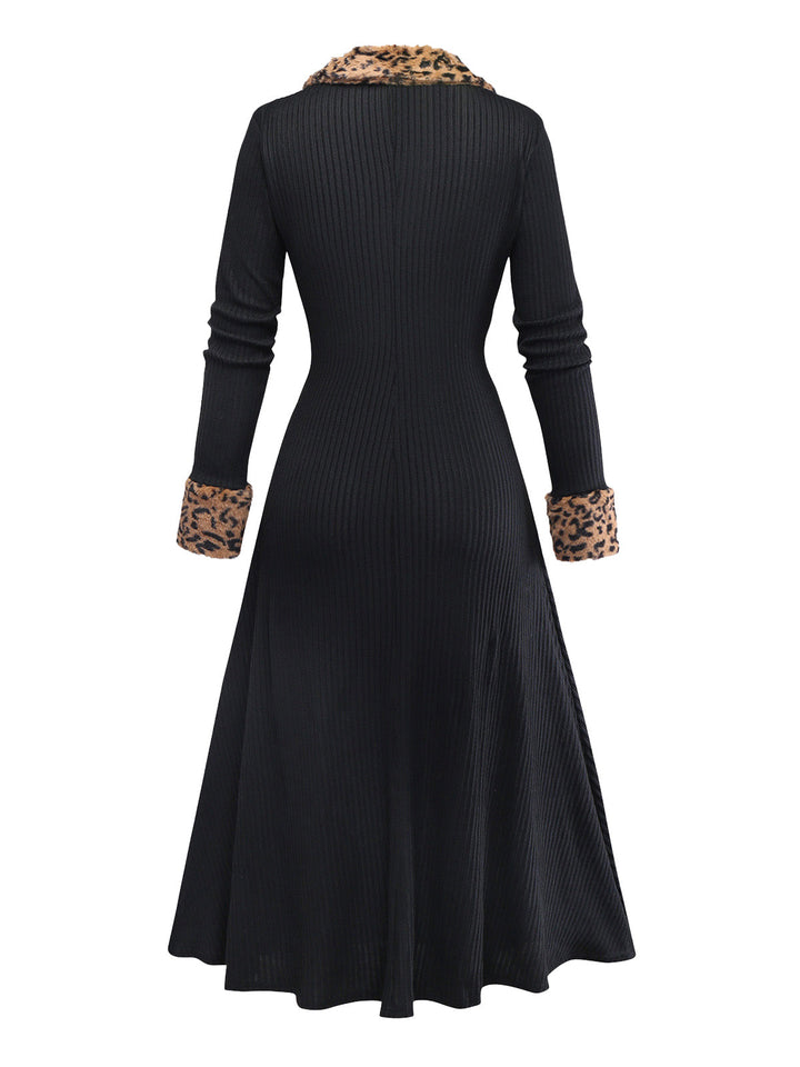 Black 1940s Leopard Faux Fur Trim Ribbed Knit Dress - vintage dress, retro fashion, classic black