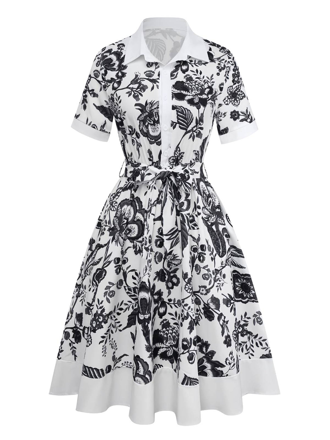 Black 1940s Plants Floral Shirt Collar Belted Dress - vintage dress, retro fashion, classic black