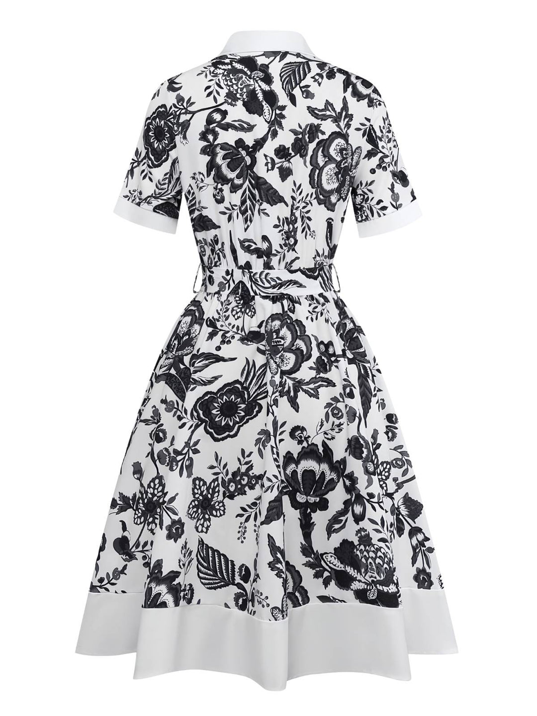Black 1940s Plants Floral Shirt Collar Belted Dress - vintage dress, retro fashion, classic black