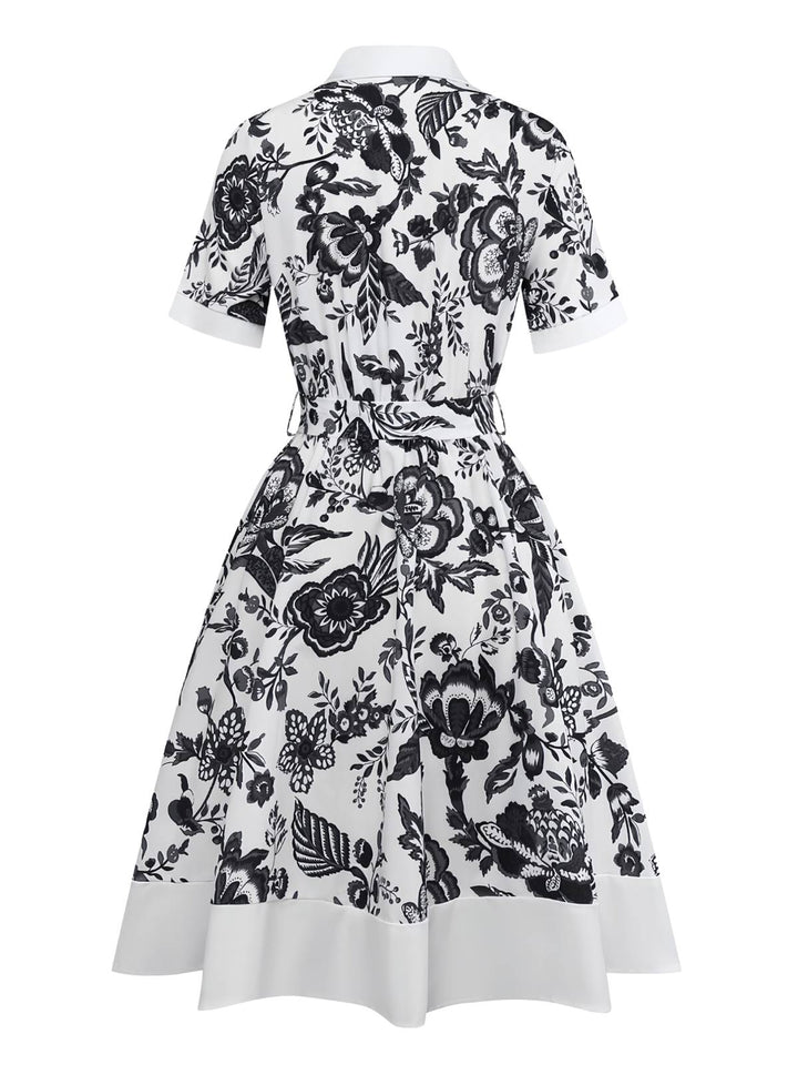 Black 1940s Plants Floral Shirt Collar Belted Dress - vintage dress, retro fashion, classic black