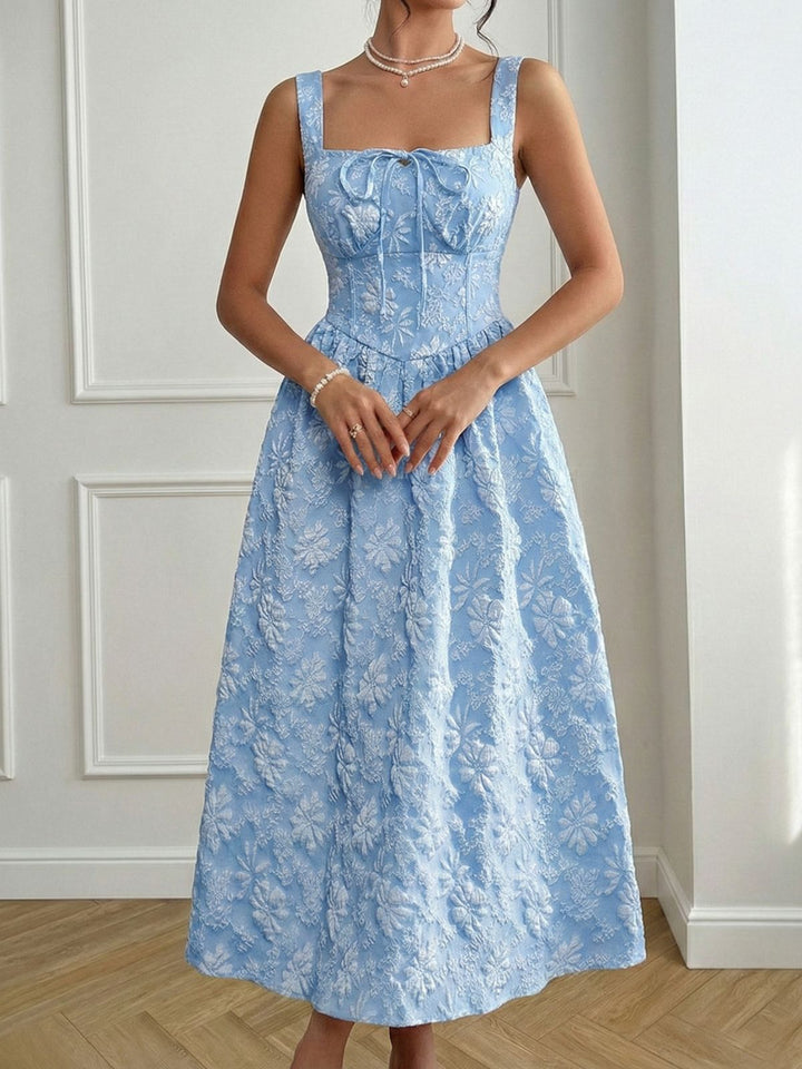 Blue 1940s Square Neck Empire Waist Jacquard Smocked Dress - vintage dress, retro fashion