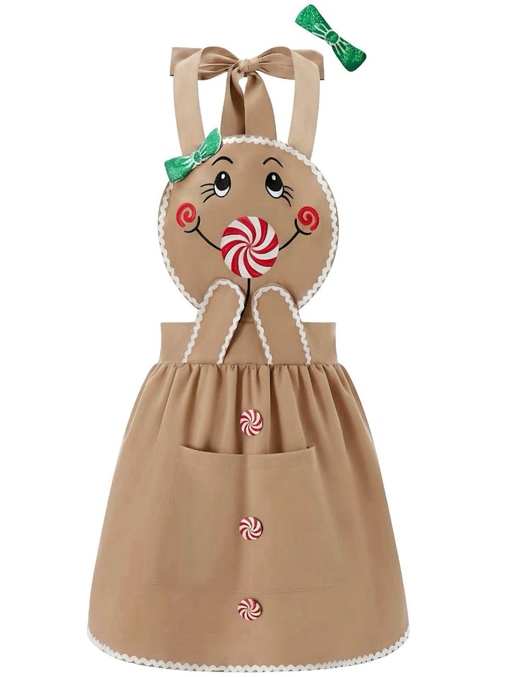 Brown 1940s Gingerbread Cookie Lollipop Bow Apron Dress - vintage dress, retro fashion