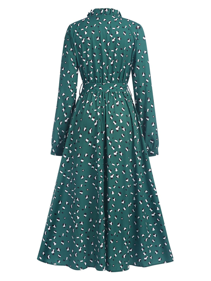Dark Green 1940s Ruffled Neck Long Sleeve Belted Dress - vintage dress, retro fashion
