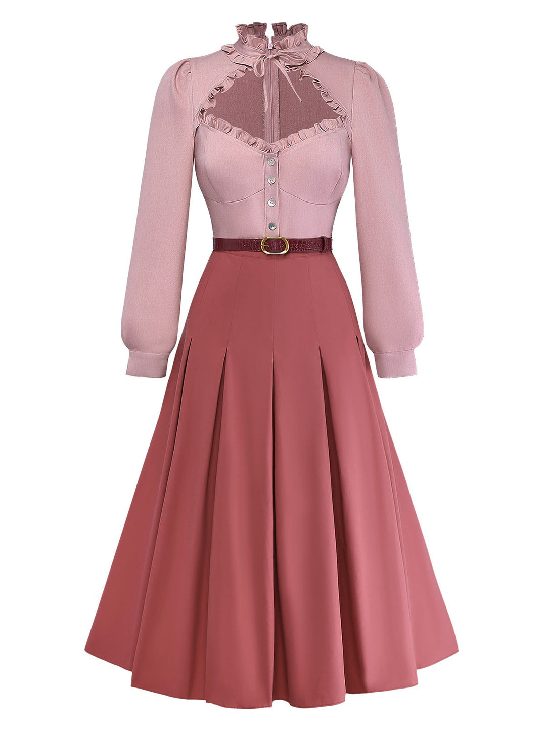 Dusty Pink 1940s Cotton Contrasted Keyhole Ruffled Dress - vintage dress, retro fashion