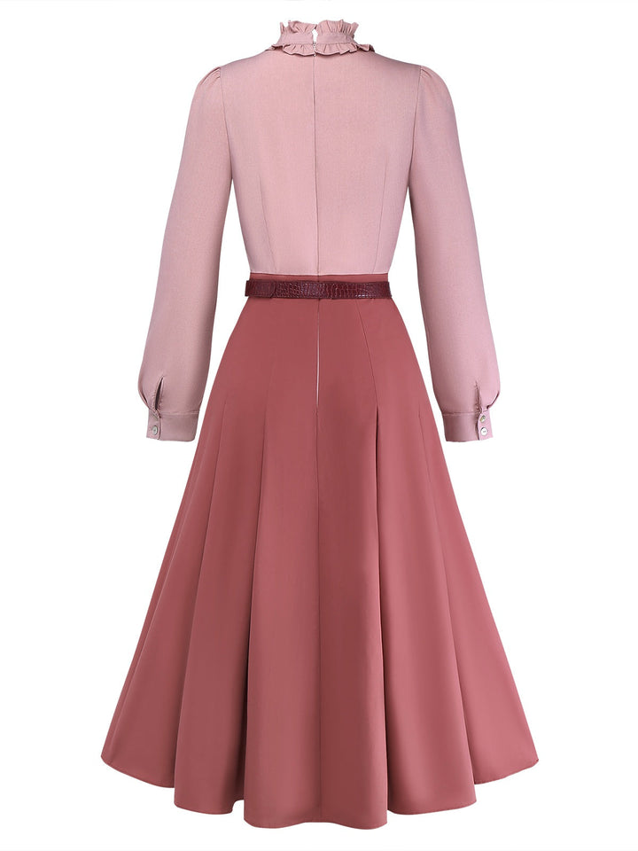 Dusty Pink 1940s Cotton Contrasted Keyhole Ruffled Dress - vintage dress, retro fashion