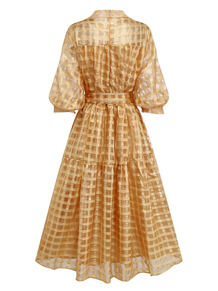 Gold 1940s Sheer Grid Puff-Sleeve Belted Midi Party Dress - vintage dress, retro fashion, glamorous gold
