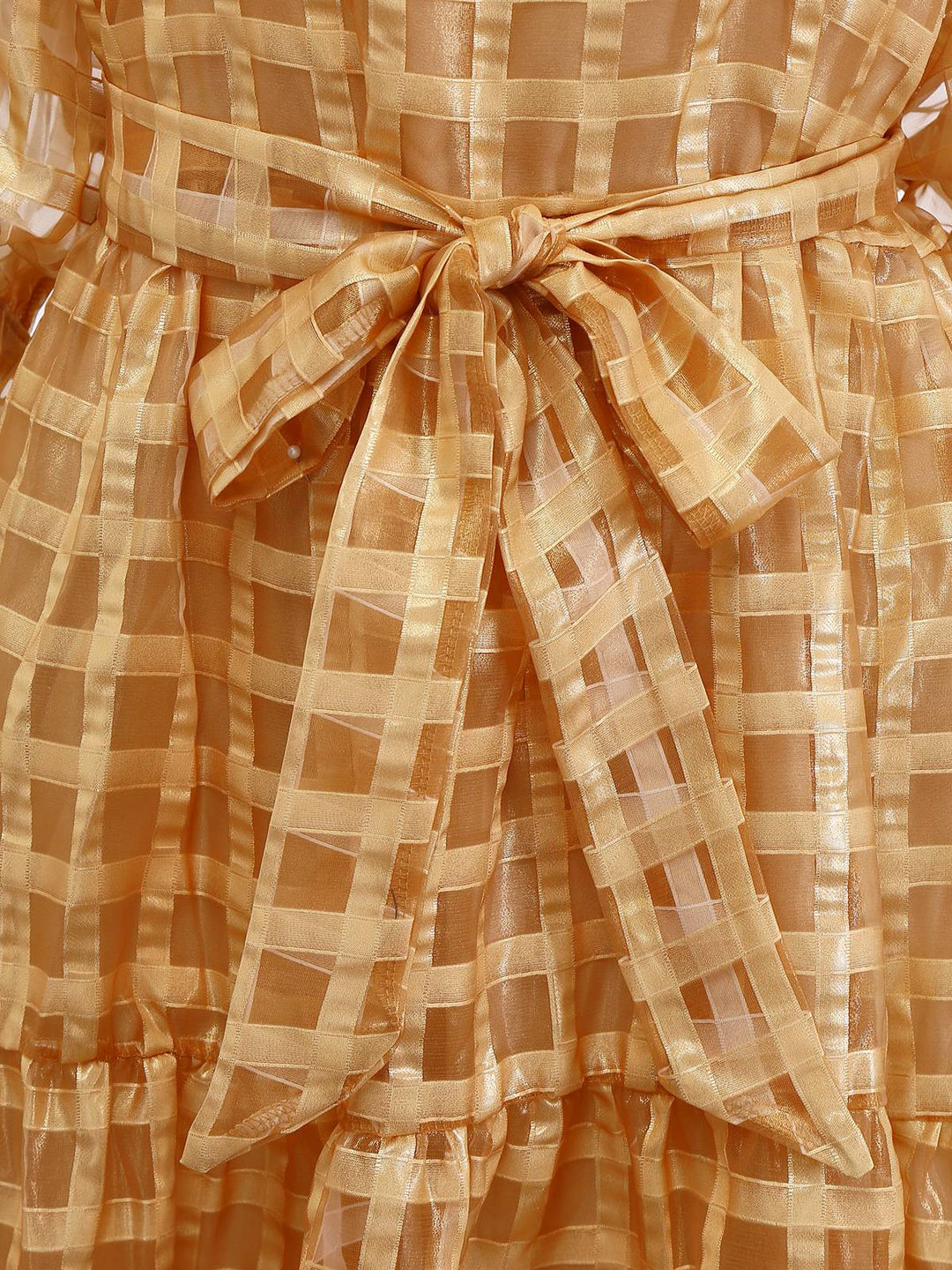 Gold 1940s Sheer Grid Puff-Sleeve Belted Midi Party Dress - vintage dress, retro fashion, glamorous gold