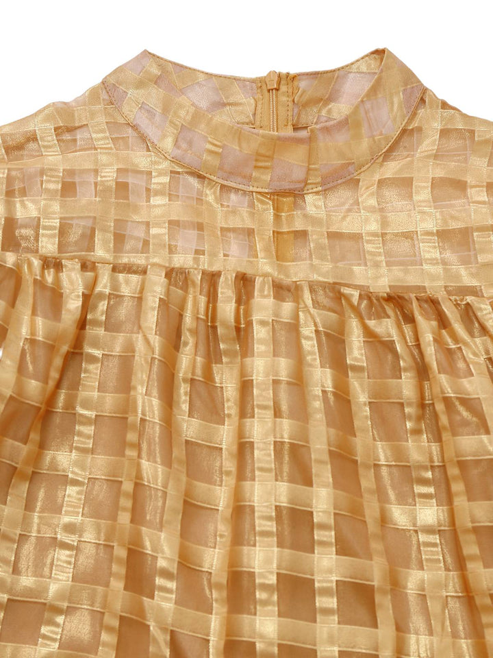 Gold 1940s Sheer Grid Puff-Sleeve Belted Midi Party Dress - vintage dress, retro fashion, glamorous gold