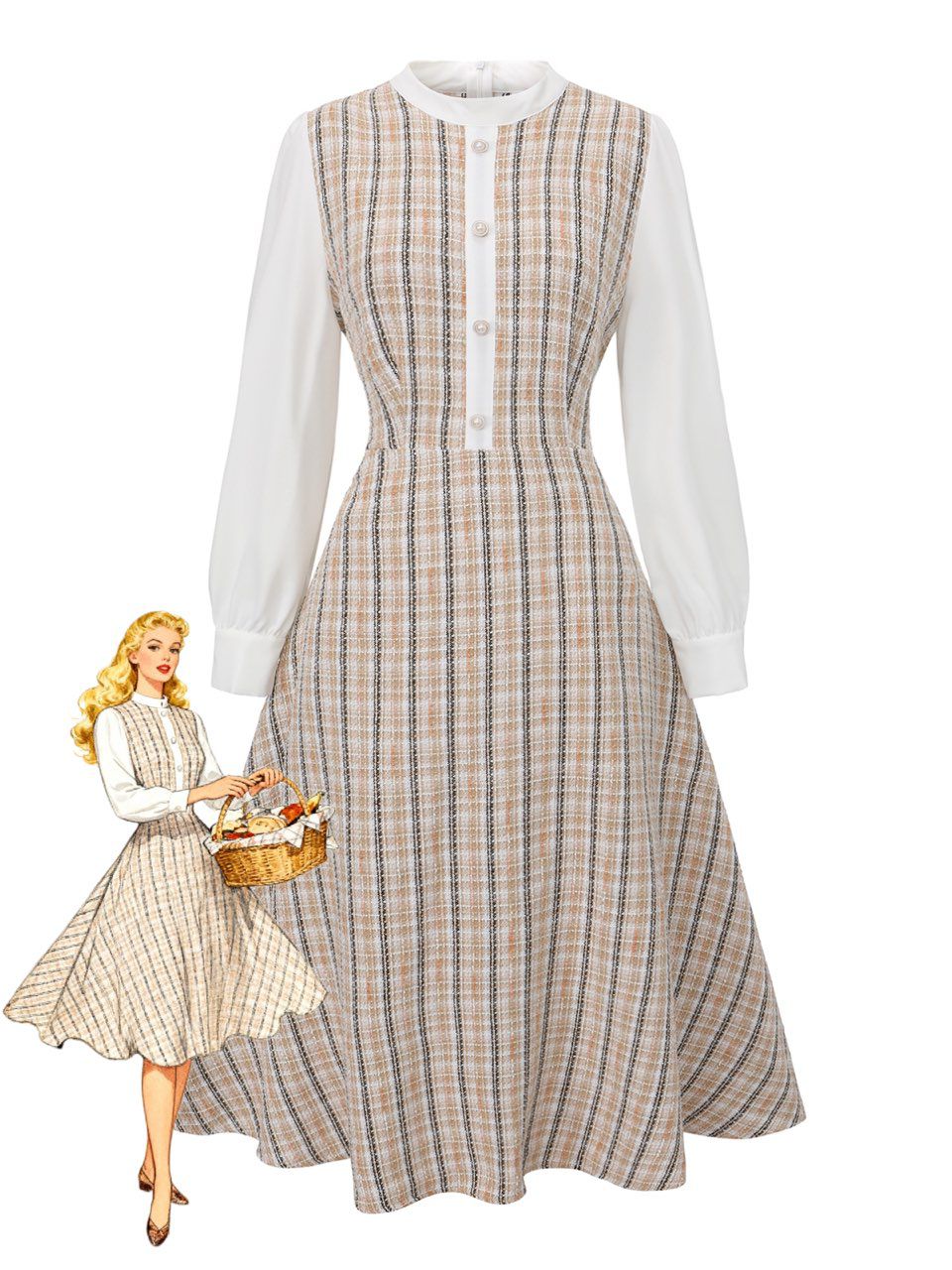 Khaki 1940s Vintage Style Patchwork Long Sleeve Dress - vintage dress, retro fashion
