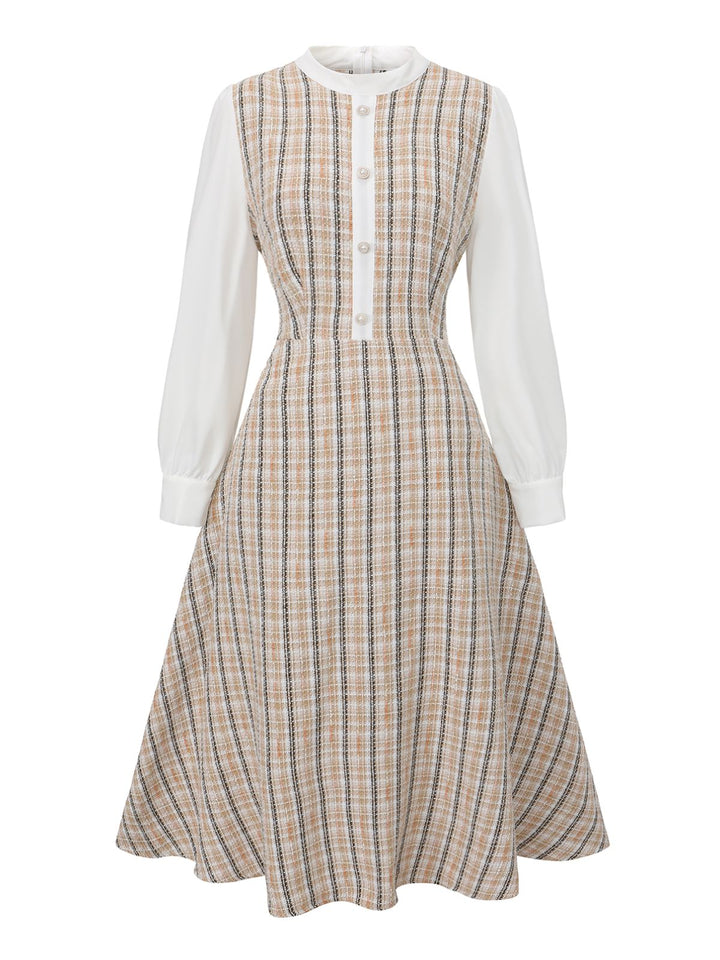 Khaki 1940s Vintage Style Patchwork Long Sleeve Dress - vintage dress, retro fashion