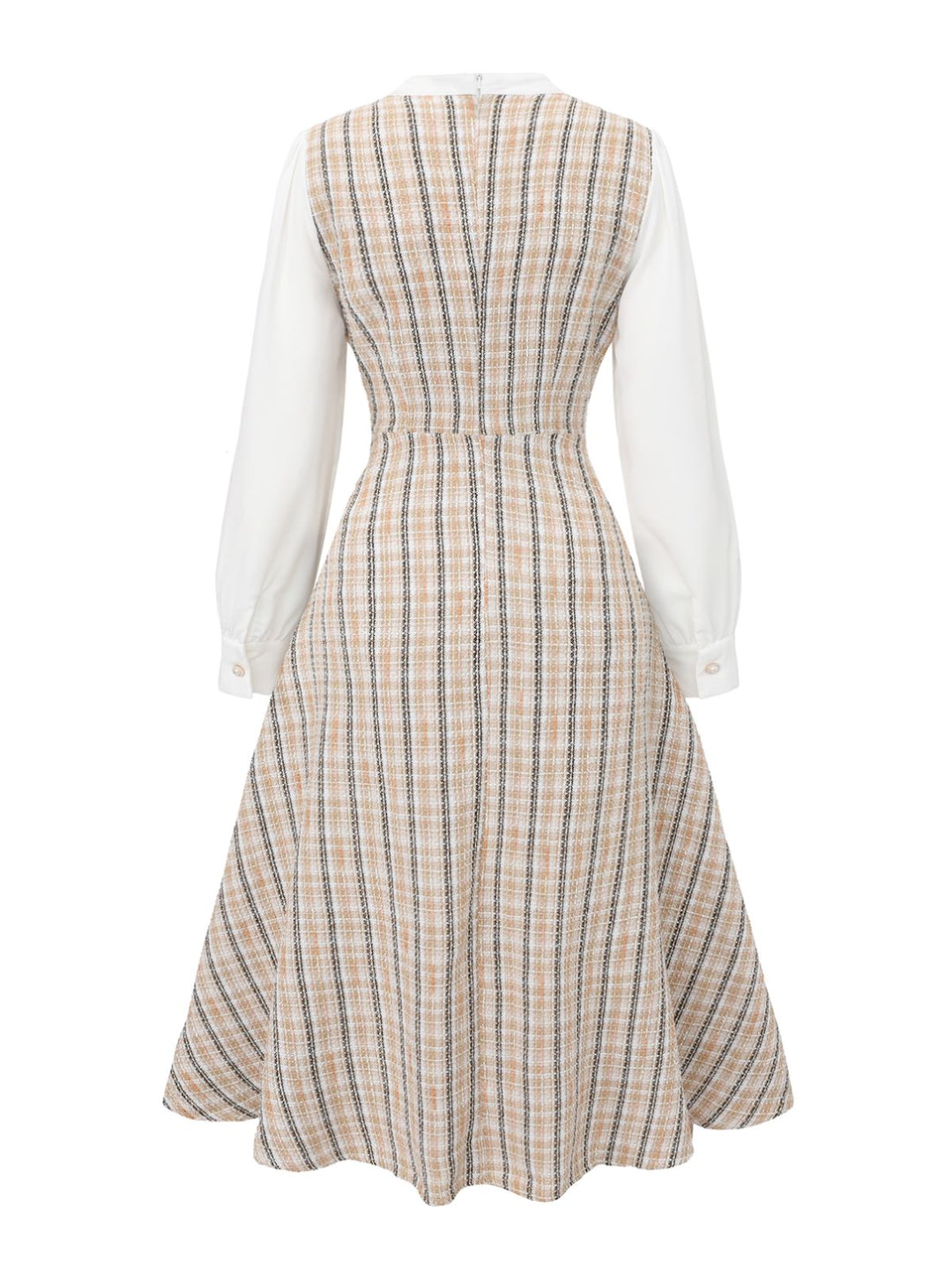 Khaki 1940s Vintage Style Patchwork Long Sleeve Dress - vintage dress, retro fashion