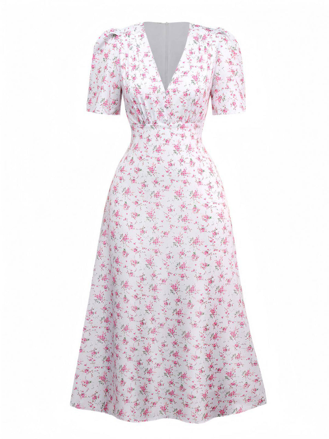 Lavender 1940s Ditsy Floral V-Neck Puff Sleeve Dress - vintage dress, retro fashion