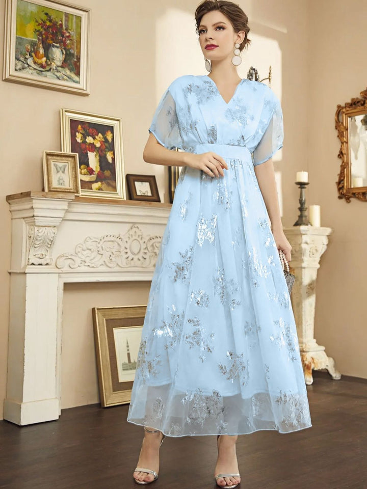 Light Blue 1940s Foil Stamping Mesh Patchwork Dress - vintage dress, retro fashion