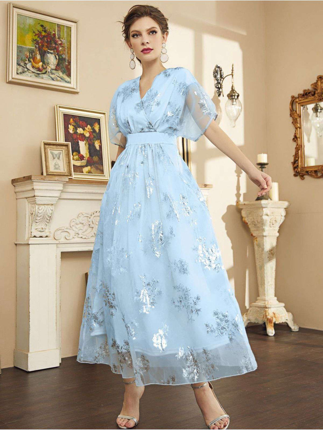 Light Blue 1940s Foil Stamping Mesh Patchwork Dress - vintage dress, retro fashion
