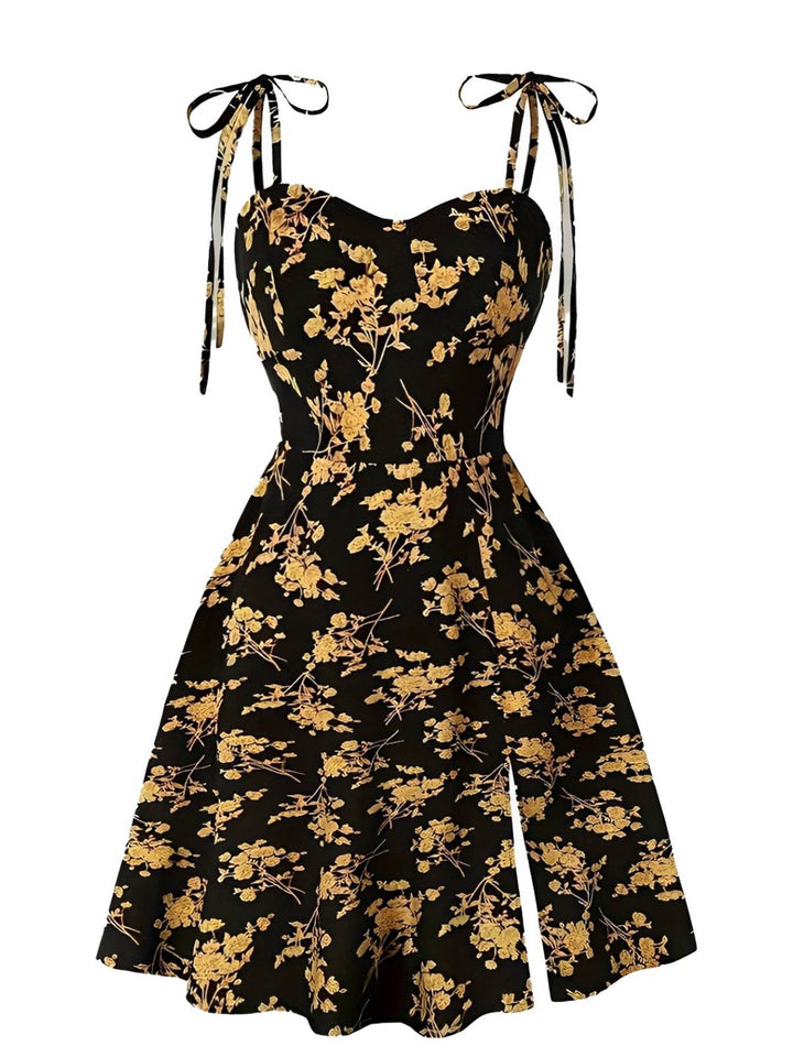 Orange 1940s Ditsy Floral Spaghetti Strap Lace-Up Dress - vintage dress, retro fashion