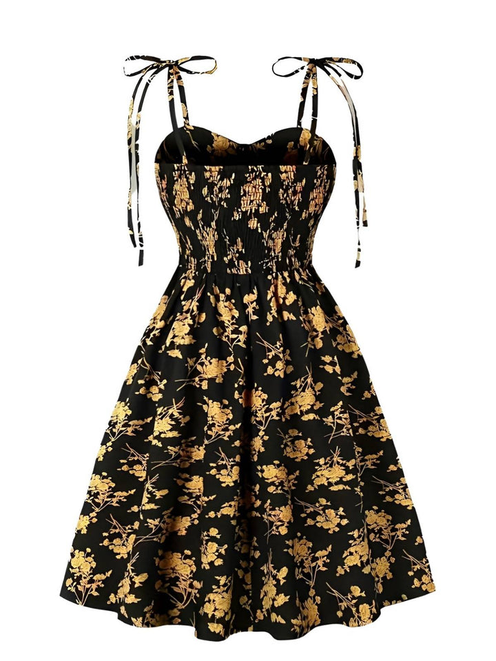 Orange 1940s Ditsy Floral Spaghetti Strap Lace-Up Dress - vintage dress, retro fashion