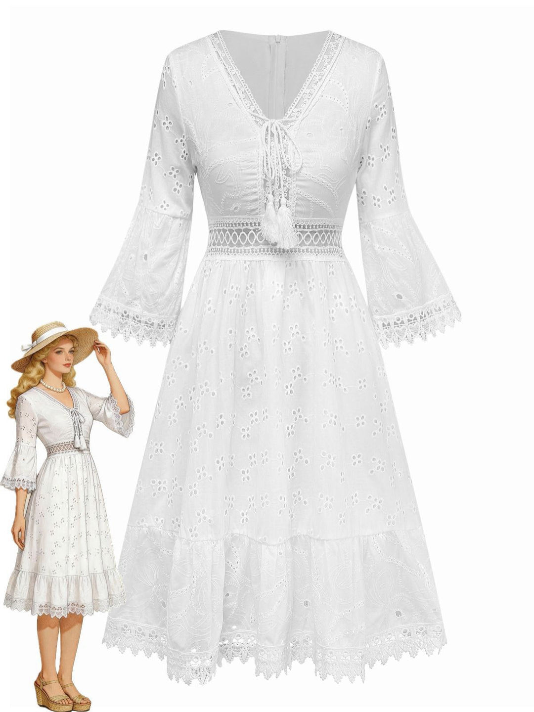White 1940s Hollow Tassel Embroidered Cover-Up Dress - vintage dress, retro fashion, elegant red