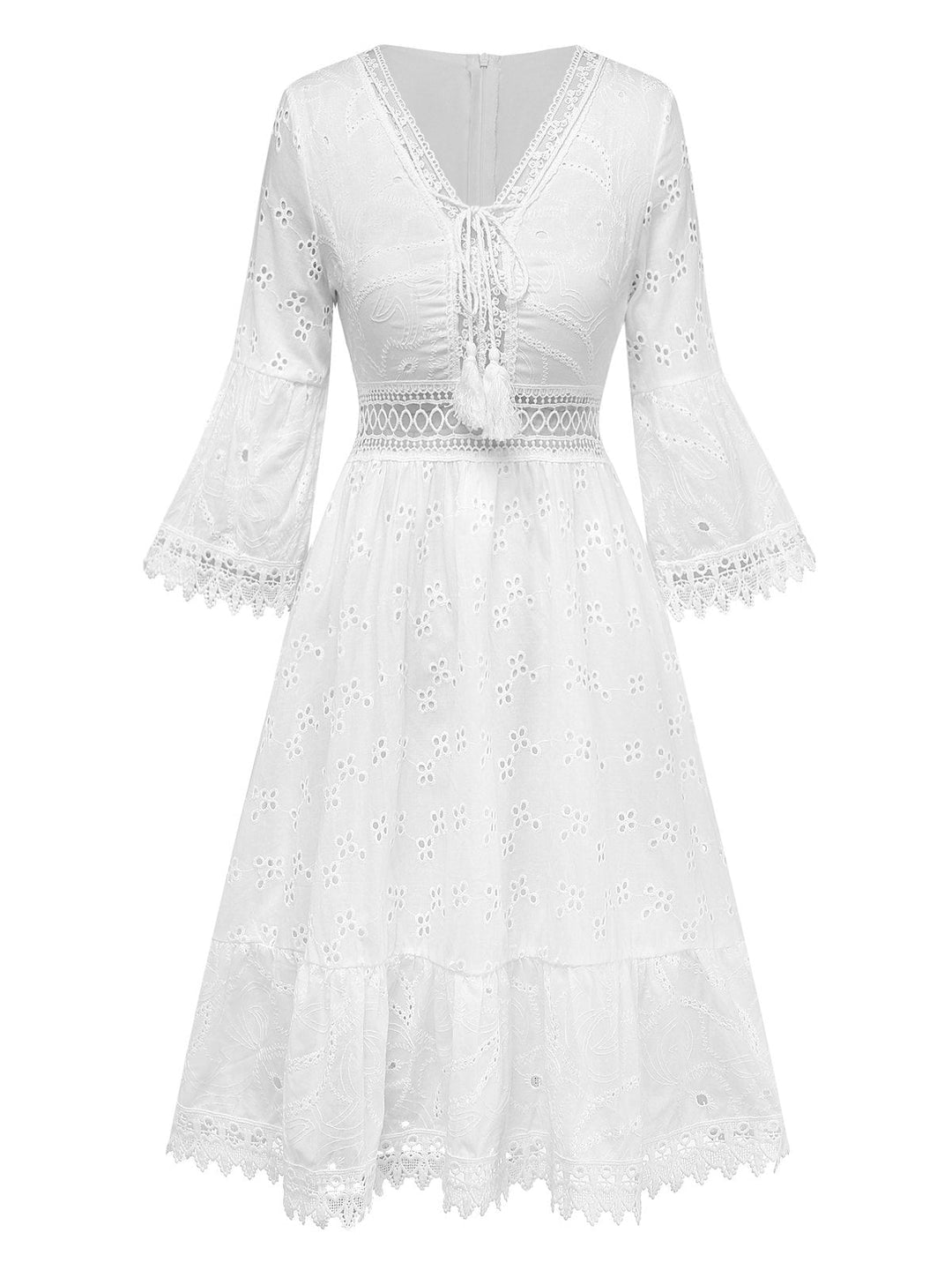 White 1940s Hollow Tassel Embroidered Cover-Up Dress - vintage dress, retro fashion, elegant red