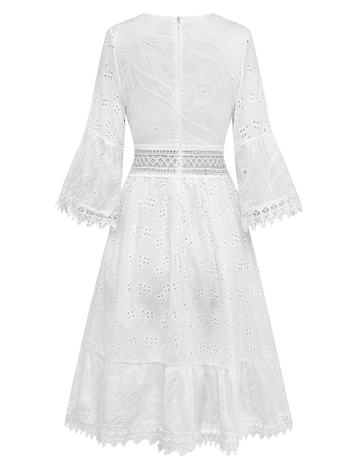White 1940s Hollow Tassel Embroidered Cover-Up Dress - vintage dress, retro fashion, elegant red