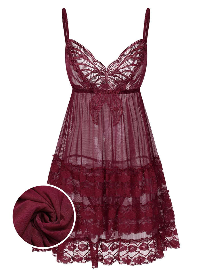 Embroidered Lace Butterfly Sheer Nightgown:
