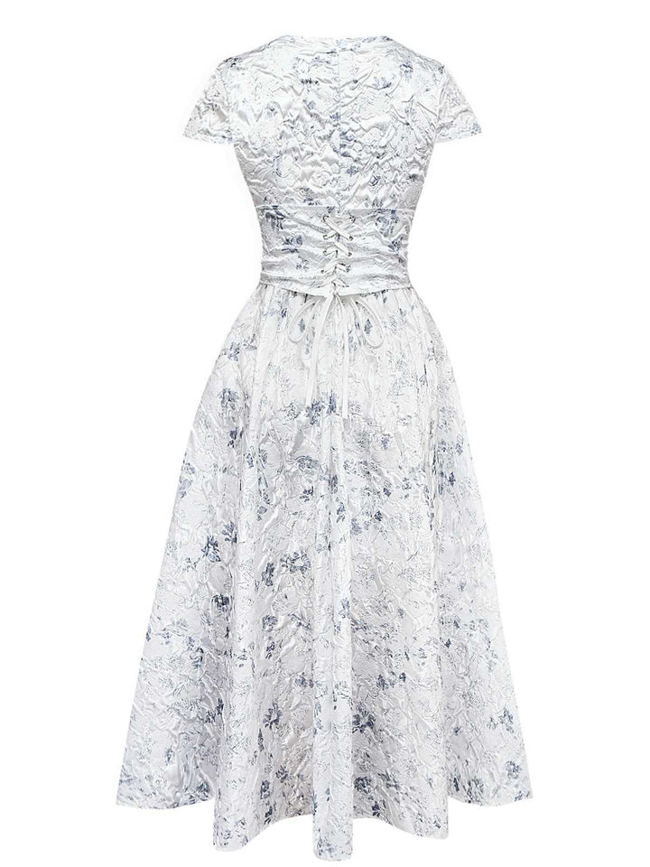 1940s Floral Crinkle-Jacquard Waistband Dress - vintage dress, retro fashion