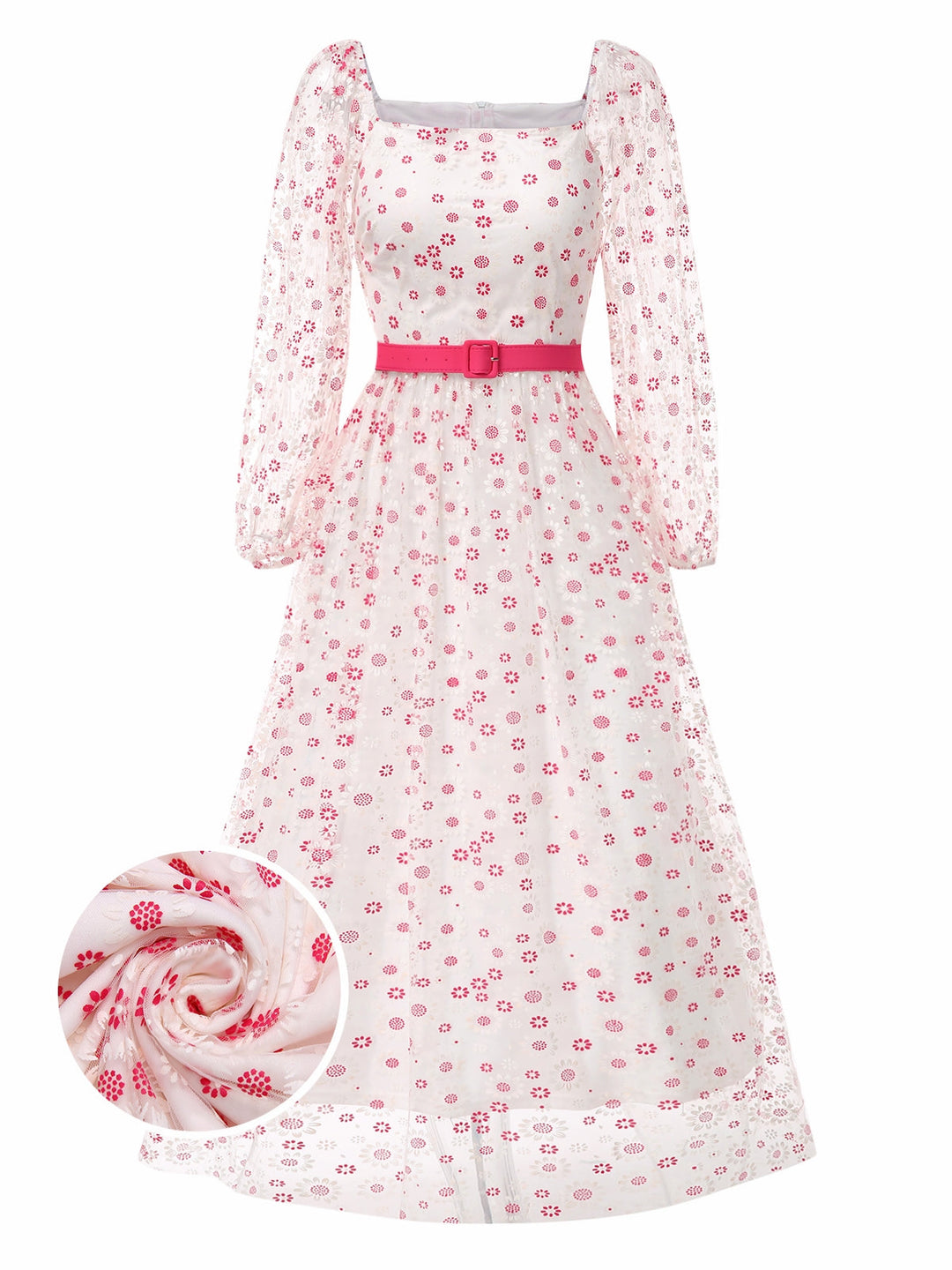 She slips into this 1940s Floral Illusion Square Neck Belt Dress and suddenly it&
