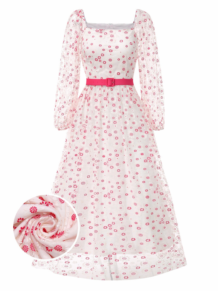 She slips into this 1940s Floral Illusion Square Neck Belt Dress and suddenly it&