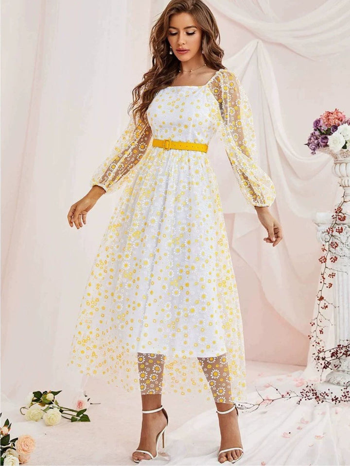She slips into this 1940s Floral Illusion Square Neck Belt Dress and suddenly it&