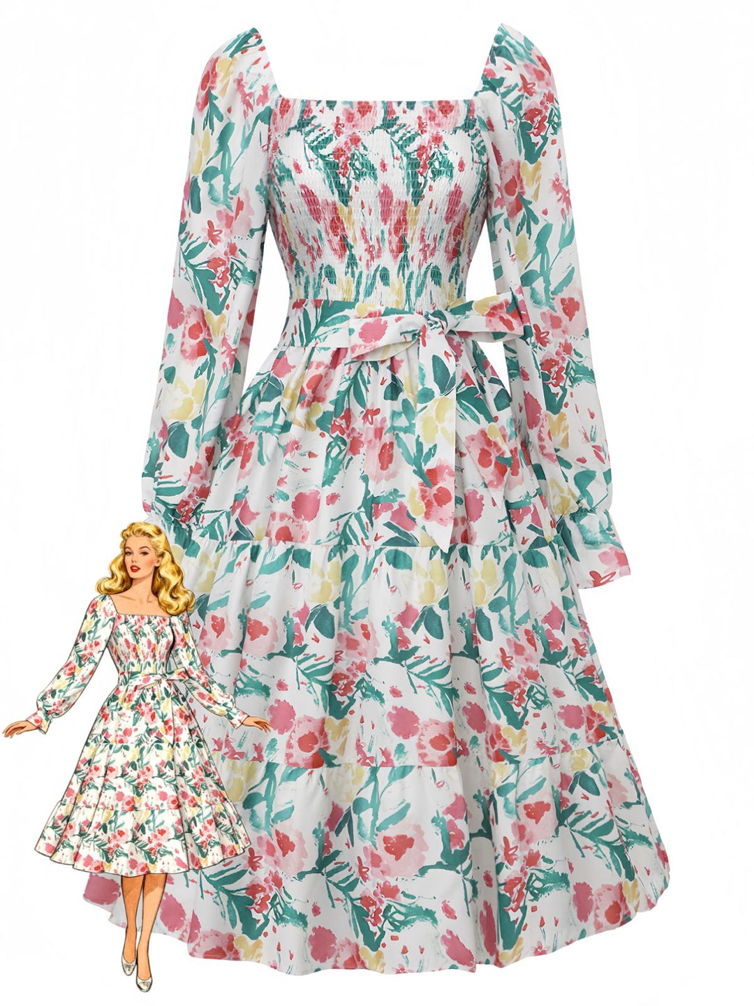 1940s Floral Lace-Up Square Neck Bell Sleeve Dress - vintage dress, retro fashion