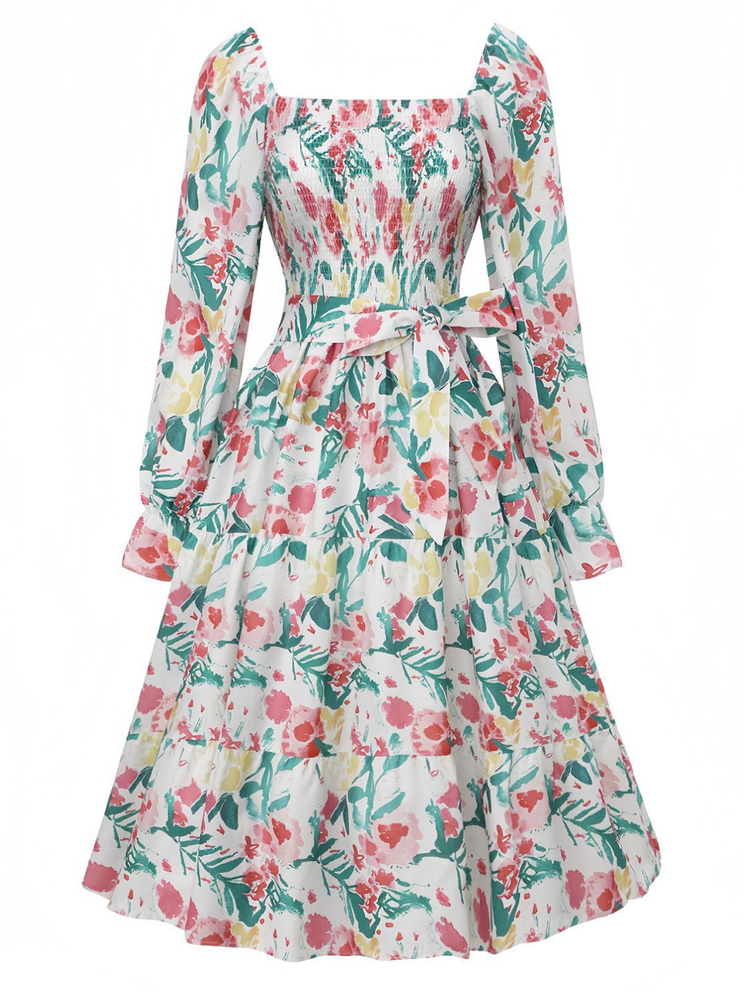 1940s Floral Lace-Up Square Neck Bell Sleeve Dress - vintage dress, retro fashion