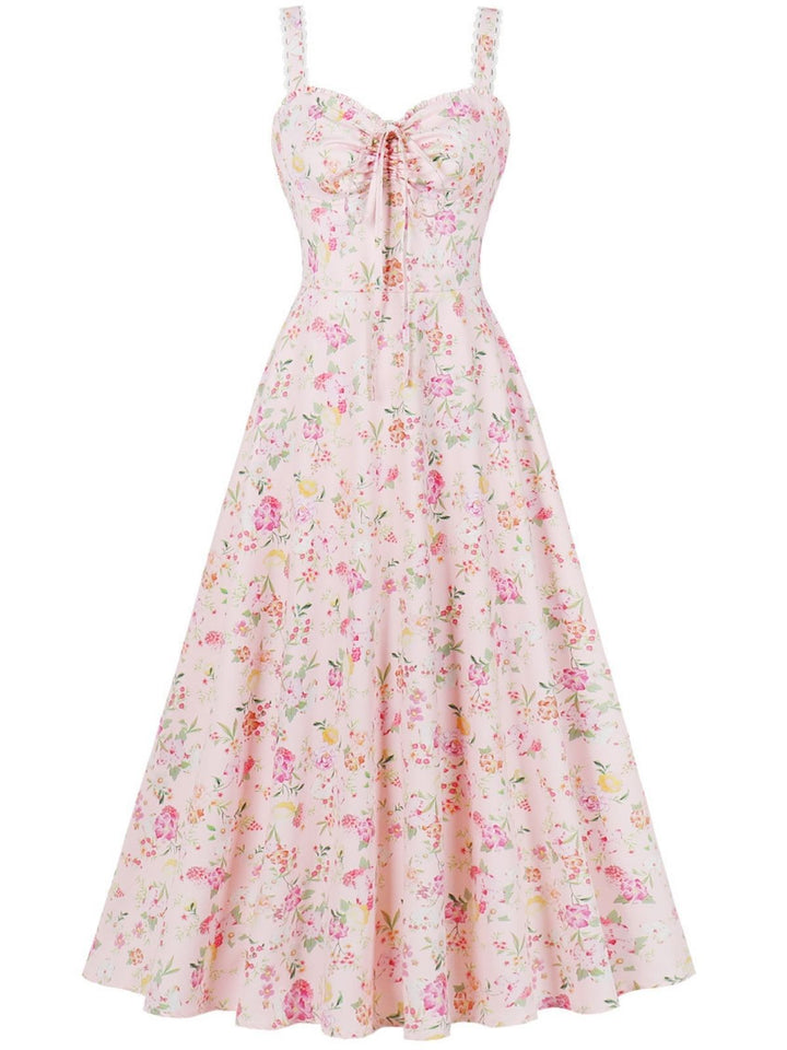 1940s Floral Lace-Up Wide Strap Dress - vintage dress, retro fashion