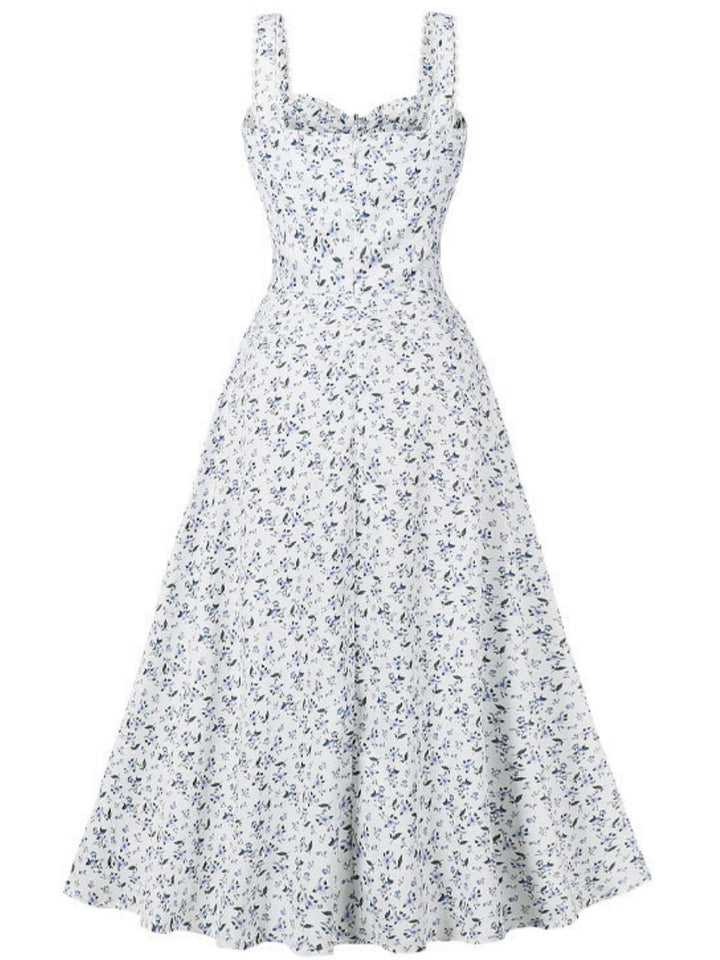 1940s Floral Lace-Up Wide Strap Dress - vintage dress, retro fashion