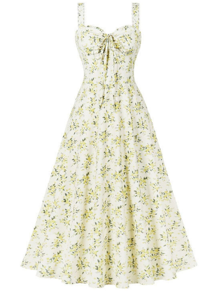 1940s Floral Lace-Up Wide Strap Dress - vintage dress, retro fashion