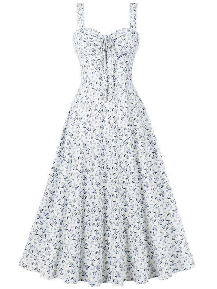 1940s Floral Lace-Up Wide Strap Dress - vintage dress, retro fashion