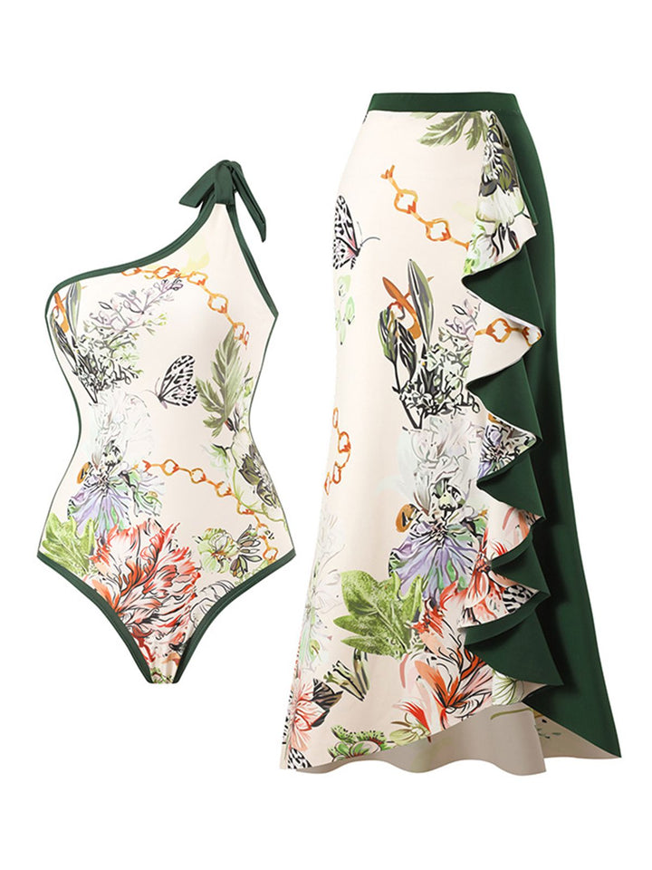 1940s Floral One Shoulder Swimsuit &amp; Cover Up - vintage swimsuit, pin-up style