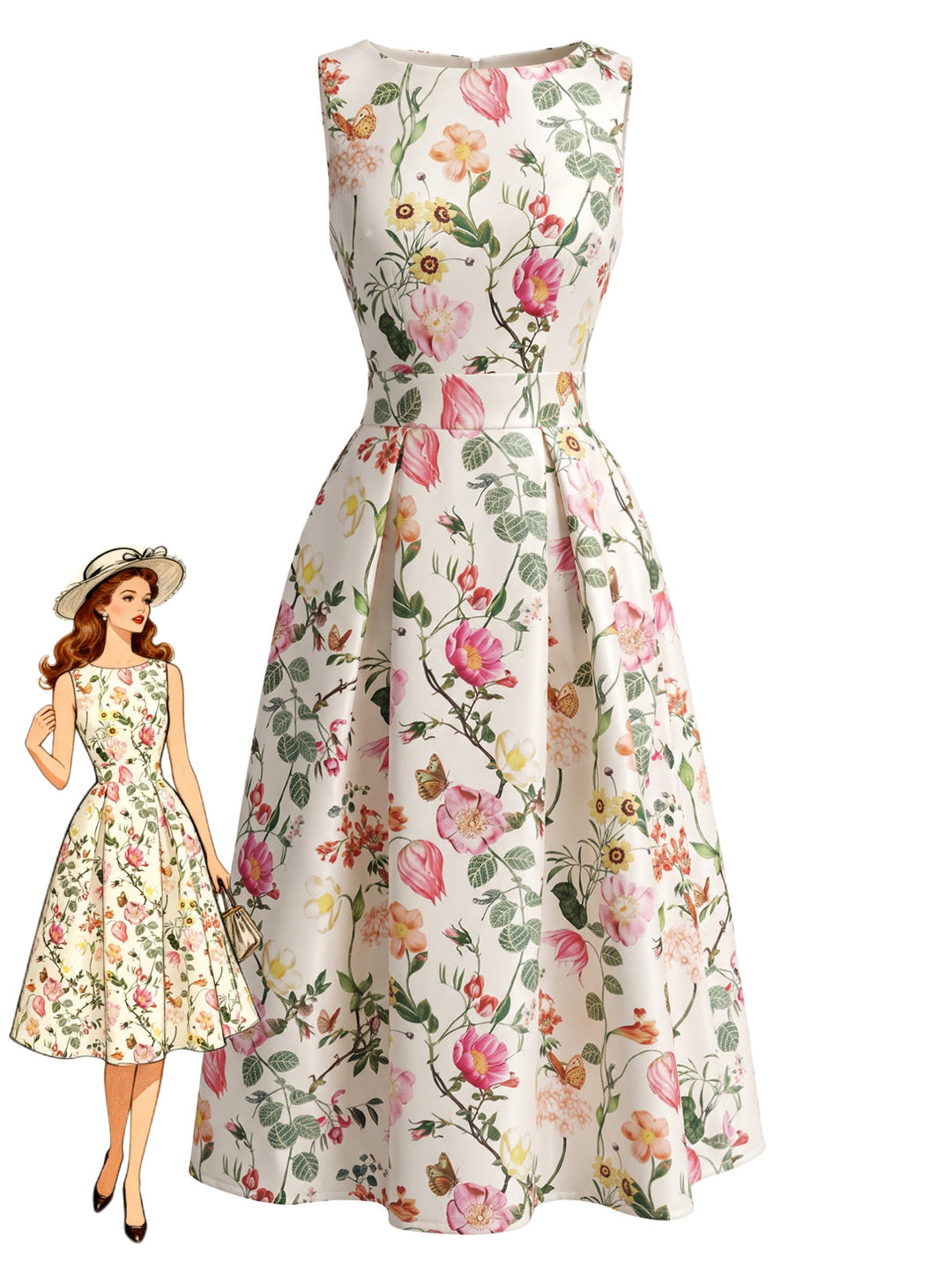 1940s Floral Print Sleeveless A-Line Dress