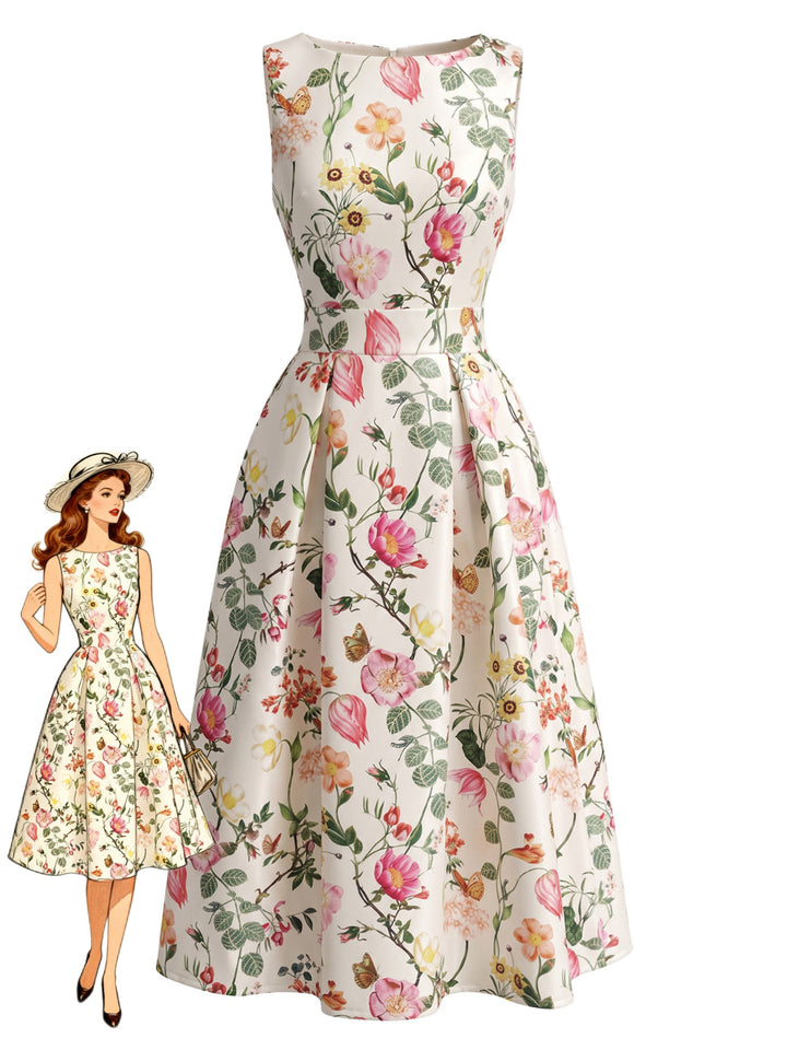 1940s Floral Print Sleeveless A-Line Dress