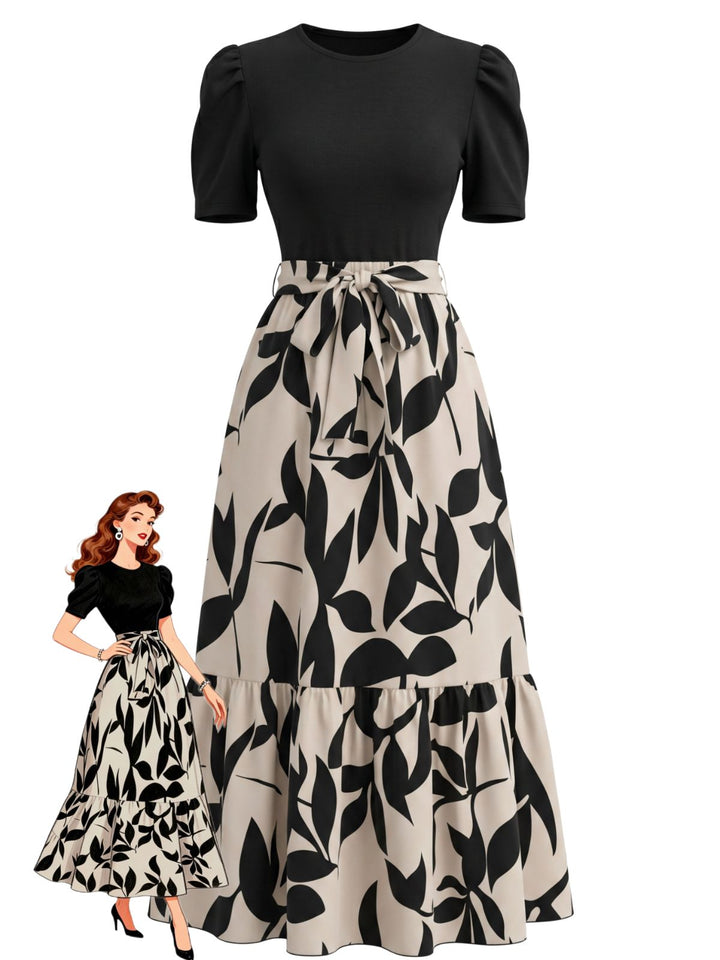 1940s Print Round Neck Dress