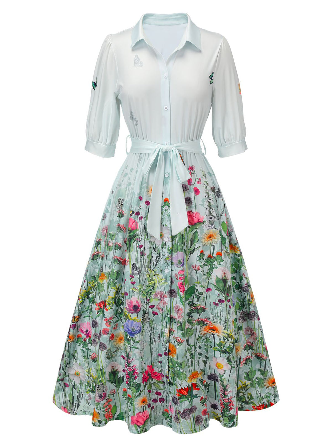 1940s Floral Shirt Neck Belt Dress - vintage dress, fashion, elegant style for vintage lovers