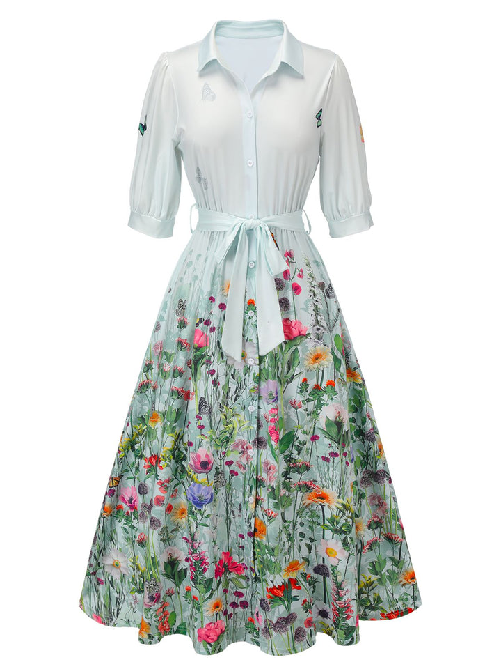 1940s Floral Shirt Neck Belt Dress - vintage dress, fashion, elegant style for vintage lovers