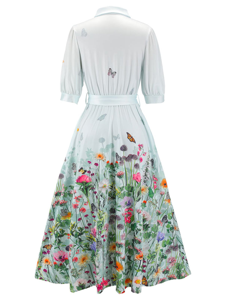 1940s Floral Shirt Neck Belt Dress: beautiful vintage dress, fashion, elegant style with timeless appeal