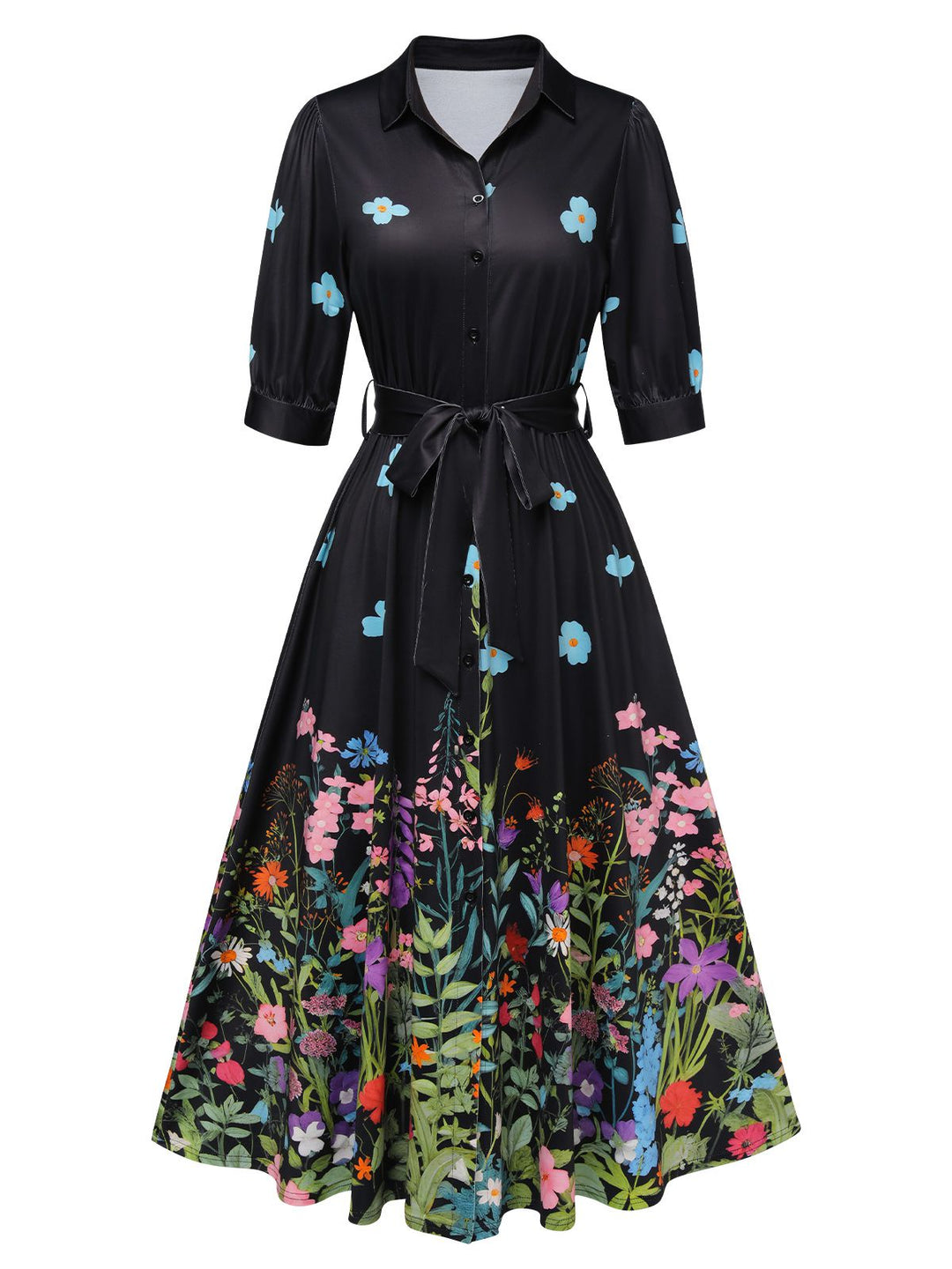 1940s Floral Shirt Neck Belt Dress | vintage dress, fashion, elegant style - perfect for fashion enthusiasts